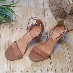 Taupe block heel ankle strap sandal